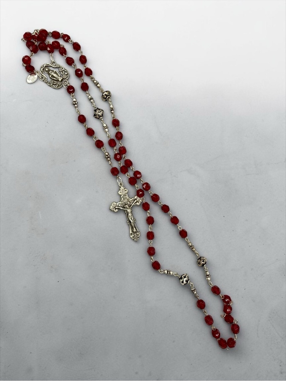 Donna Dressler Sterling Silver Ruby Crystal Rosary Crucifix VTG Tagged 26” w 6”D - Picture 12 of 17